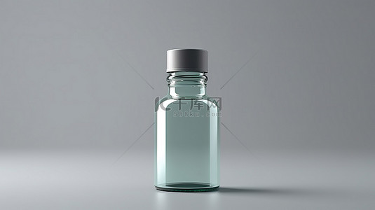 透明疫苗瓶的 3D 渲染灰色背景模型