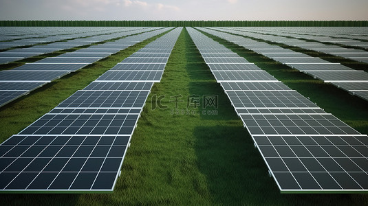 能源工业背景图片_工业绿地可持续能源太阳能电池板和太阳能电池的 3D 渲染
