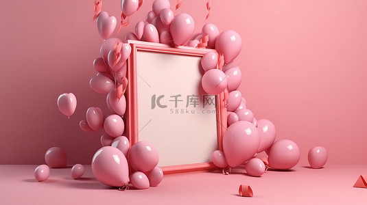 粉红色气球背景图片_情人节方形框架与粉红色气球糖果背景 3d 渲染