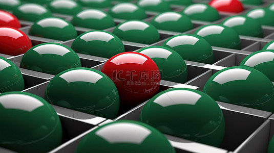 栖息在绿色块底座上的红球的 3D 渲染