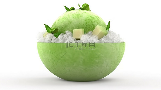 瓜背景图片_卡通风格的绿色瓜 bingsu 刨冰 3d 渲染隔离在白色背景