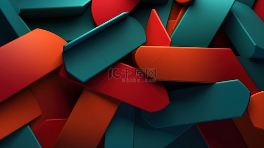 红色几何形状背景图片_3d 在蓝色背景下呈现绿色红色和橙色的抽象几何形状