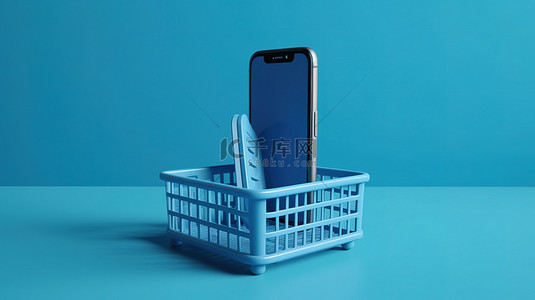 孤立的蓝色背景智能手机和以 3d 呈现的购物篮