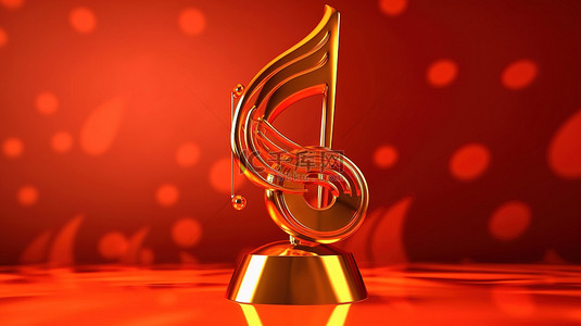 闪闪发光的音乐奖的 3D 插图，在充满活力的红色背景上有一个音符