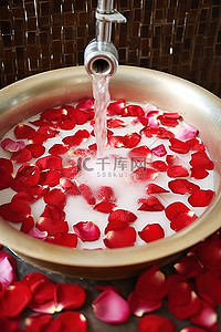 北欧轻奢高级浴室背景图片_水槽里的红玫瑰花瓣