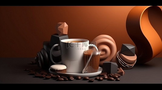用于 3d 设计渲染的横幅模板中逼真的咖啡杯的矢量插图