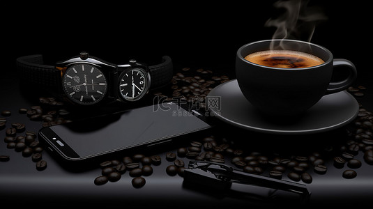 办公室插画背景图片_光滑黑色背景上黑咖啡杯手机和手表的 3D 插图