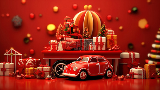 喜庆 3D 渲染红色背景圣诞玩具和圣诞新年的温暖祝福