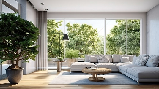 地板自然背景图片_现代客厅设计与自然户外风景和露台的 3D 插图