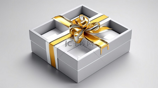 奢华银色礼盒的 3D 渲染，金色丝带打开