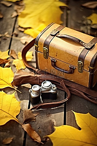 黄叶和木制行李箱放在书包旁边