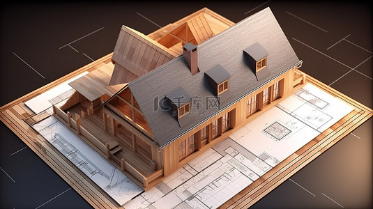 蓝图上的房子 3d 渲染在木质表面上