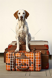 前面有橙色手提箱的白色和棕色棕色狗