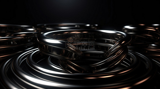 超凡脱俗的金属黑色背景 3d 渲染上闪闪发光的戒指