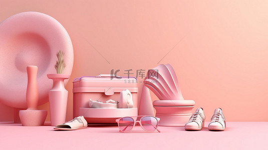 炎热背景图片_柔和的粉红色背景下海滩必需品的 3D 插图