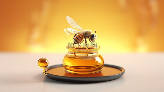 一只小蜜蜂和它的金色蜂蜜滴，装饰着展示架 3D 渲染