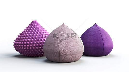 白色背景 3D 渲染充满活力的紫色金字塔球体，具有逼真的织物纹理