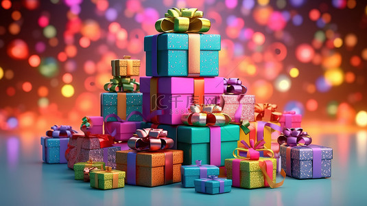 生日圣诞背景图片_充满活力的礼品盒，适合庆祝生日或新年派对 3D 插图