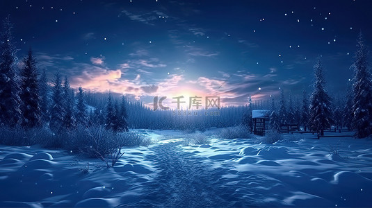 灯光照亮的夜间雪景 3D 渲染中迷人的数字艺术设计