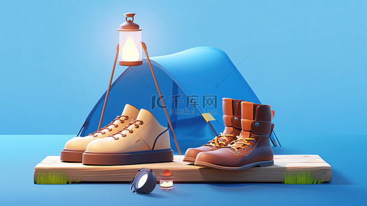 夏令营帐篷背景图片_简约的 3D 产品讲台，配有帐篷登山鞋和蓝色背景灯笼，非常适合夏季露营概念或度假