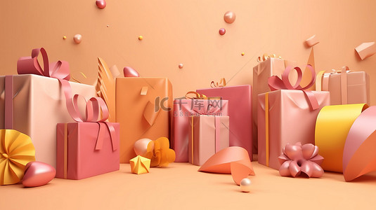 圣诞袋子背景图片_3D 渲染的节日场景，抽象背景中带有礼物和袋子