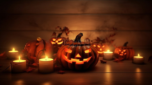 怪异的 3D 插图魔鬼的南瓜和烛光万圣节背景