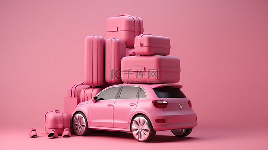 3D 渲染中粉色紧凑型汽车顶上的一堆行李
