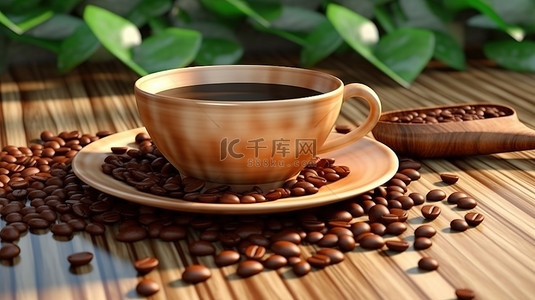 3D 渲染中的杯子和咖啡豆的木制展示