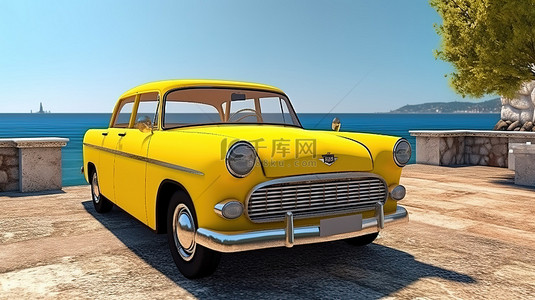 停在海边的老式黄色车辆概念 3D 设计和艺术品