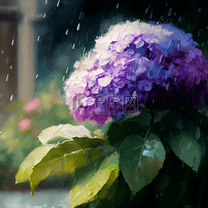 雨滴花朵雨中的绣球花油画花卉背景