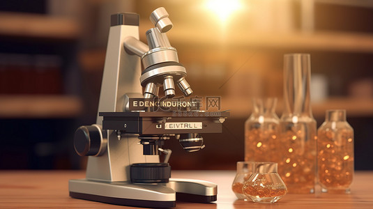 3d木质背景图片_木质表面 3d 渲染上具有元素周期表的当代实验室显微镜