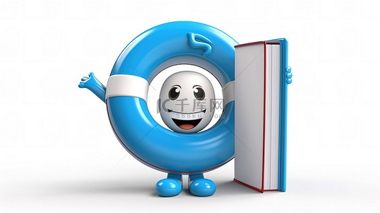 3d 渲染的白色背景吉祥物，是拿着救生圈的蓝书人物