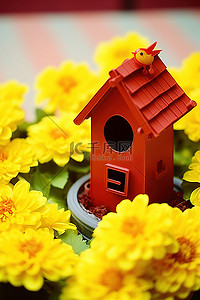 黄色的鸟舍坐落在黄色的花朵旁边