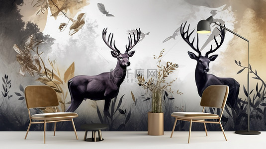 印地安捕梦网背景图片_当代壁画 3D 艺术画，风景优美的金色和黑色羽毛与鹿