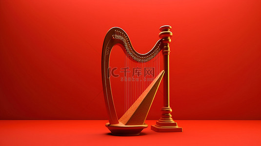 充满活力的红色背景上的 3D 插图中的优雅竖琴
