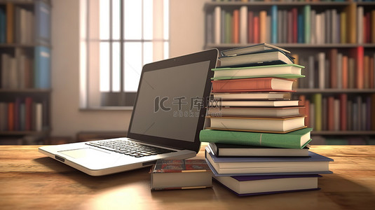 在线开公司背景图片_3D 世界中笔记本电脑和书籍的插图