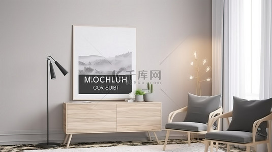 现代客厅内部配有木制马桶和装饰模型海报 3D 渲染
