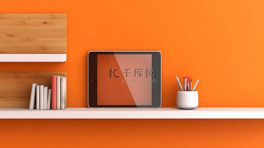 橙色墙架，方形背景横幅上有数字平板电脑 3D 插图