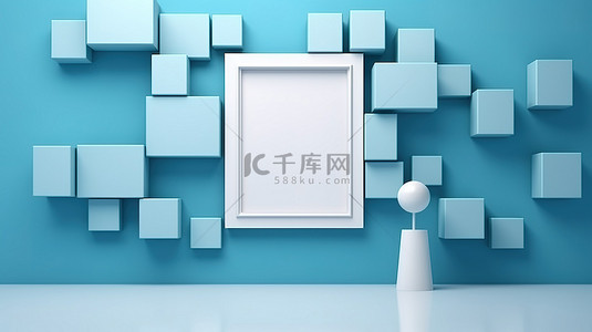 客厅贴画背景图片_在 3d 中创建的蓝色墙壁上的空框模拟