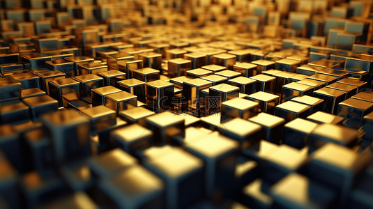 抽象背景下注入同心波的金色立方体的 3d 渲染