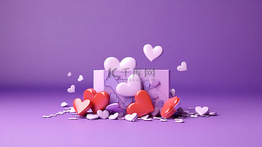 紫色背景的 3D 插图，带有纸心，非常适合用礼品卡庆祝特殊场合