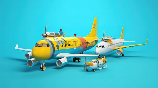 3D 渲染中的旅行主题卡通飞机