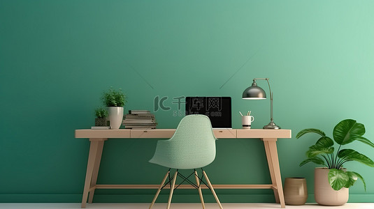 绿色学习学习背景图片_现代办公桌，顶部有充足的复制空间和醒目的绿色壁纸背景 3D 渲染