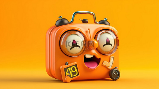 行李在充满活力的黄色背景 3d 插图上携带闹钟吉祥物