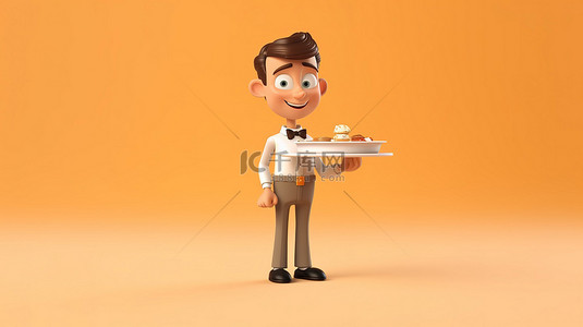 服务员服务员背景图片_1 卡通风格 3D 插图，服务员拿着托盘