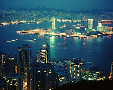 香港城市天际线和河流的夜景