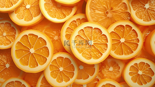 橙色表面上带有葡萄柚片的几何背景的平铺 3D 渲染