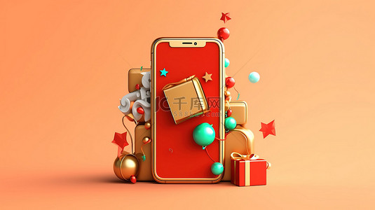 为人服务背景图片_带有圣诞礼物的节日社交媒体电话的 3D 插图