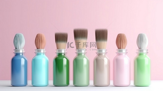 滴墨水刷背景图片_用白色刷子渲染粉色绿色和蓝色瓶子的 3D 渲染