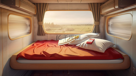 俄罗斯铁路客运车厢的上铺床上用品套件带床垫和枕头的 3D 渲染